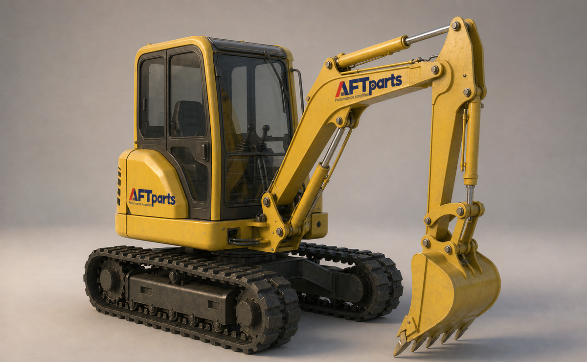Illustrated compact excavator with AFTparts undercarriage parts hotspots